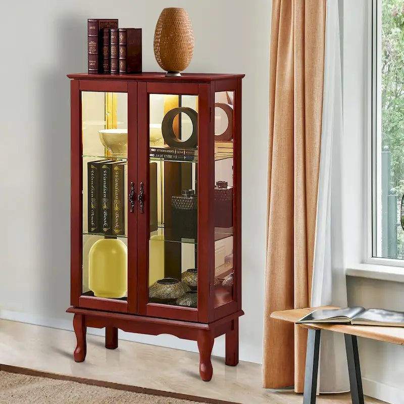 Beleuchtete Vitrine mit verstellbaren Regalböden, verspiegelter Rückwand und Türen aus gehärtetem Glas