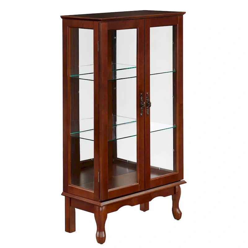 Beleuchtete Vitrine mit verstellbaren Regalböden, verspiegelter Rückwand und Türen aus gehärtetem Glas
