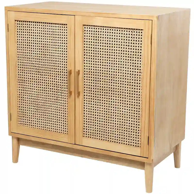 Aufbewahrungsschrank aus Holz mit Fronten aus Rattan und goldfarbenen Griffen - Hellbraun oder Schwarz, 35.8x18.8x36