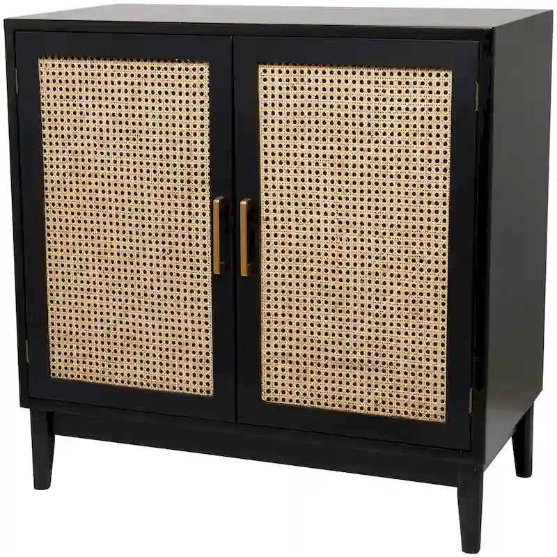 Aufbewahrungsschrank aus Holz mit Fronten aus Rattan und goldfarbenen Griffen - Hellbraun oder Schwarz, 35.8x18.8x36