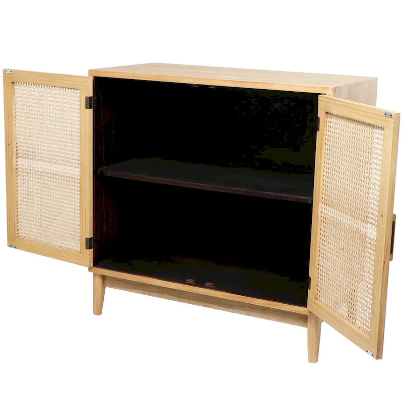 Aufbewahrungsschrank aus Holz mit Fronten aus Rattan und goldfarbenen Griffen - Hellbraun oder Schwarz, 35.8x18.8x36