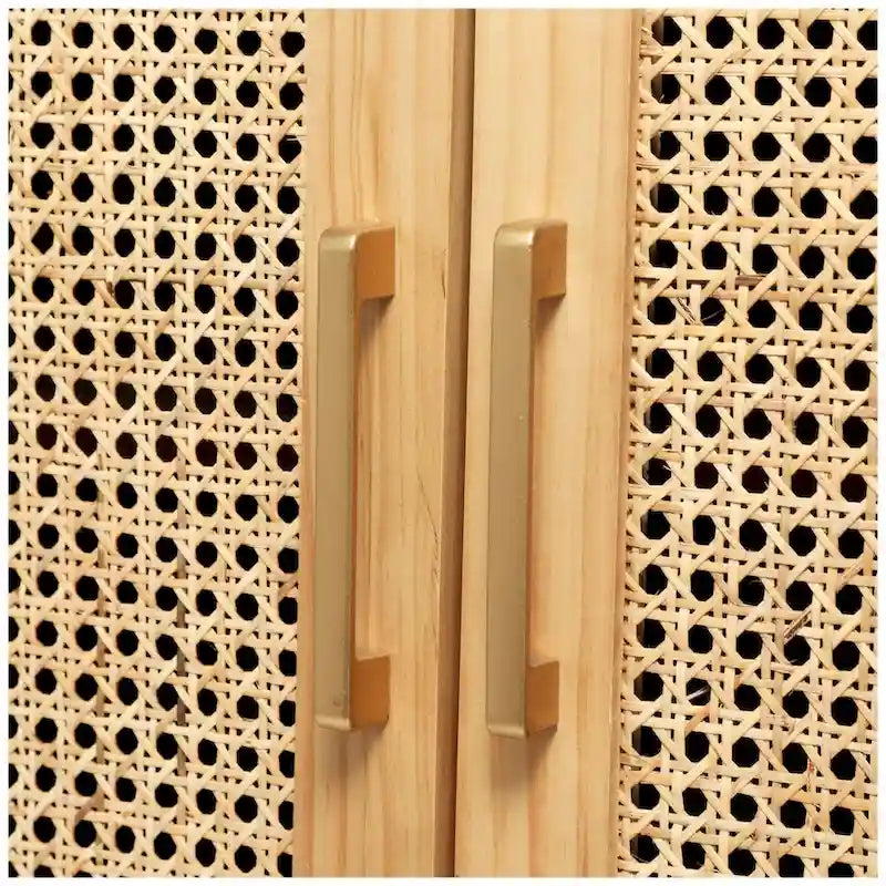 Aufbewahrungsschrank aus Holz mit Fronten aus Rattan und goldfarbenen Griffen - Hellbraun oder Schwarz, 35.8x18.8x36