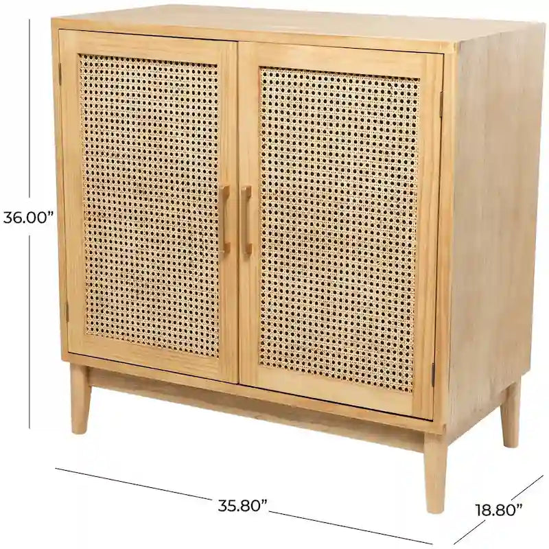Aufbewahrungsschrank aus Holz mit Fronten aus Rattan und goldfarbenen Griffen - Hellbraun oder Schwarz, 35.8x18.8x36