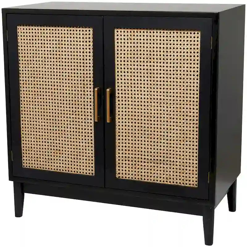 Aufbewahrungsschrank aus Holz mit Fronten aus Rattan und goldfarbenen Griffen - Hellbraun oder Schwarz, 35.8x18.8x36