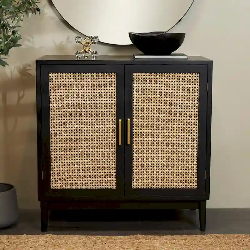 Aufbewahrungsschrank aus Holz mit Fronten aus Rattan und goldfarbenen Griffen - Hellbraun oder Schwarz, 35.8x18.8x36