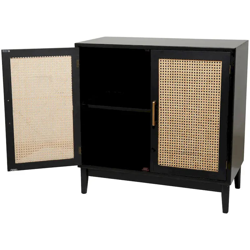 Aufbewahrungsschrank aus Holz mit Fronten aus Rattan und goldfarbenen Griffen - Hellbraun oder Schwarz, 35.8x18.8x36