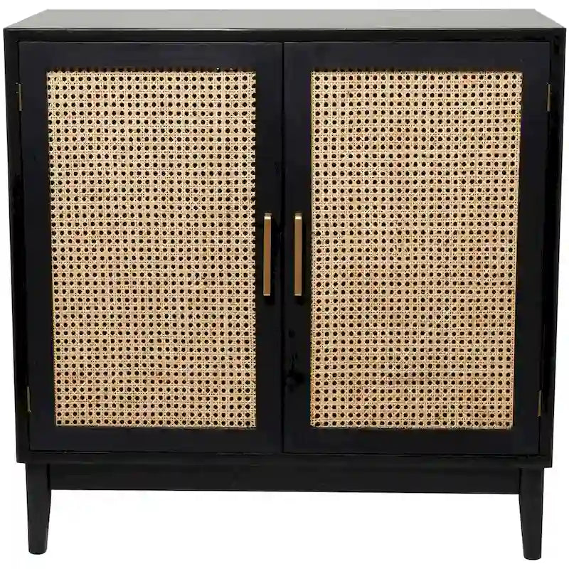 Aufbewahrungsschrank aus Holz mit Fronten aus Rattan und goldfarbenen Griffen - Hellbraun oder Schwarz, 35.8x18.8x36