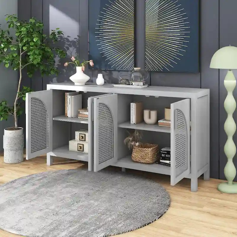 Sideboard mit Tür aus künstlichem Rattan und Metallgriffen für Wohnzimmer und Eingangsbereich