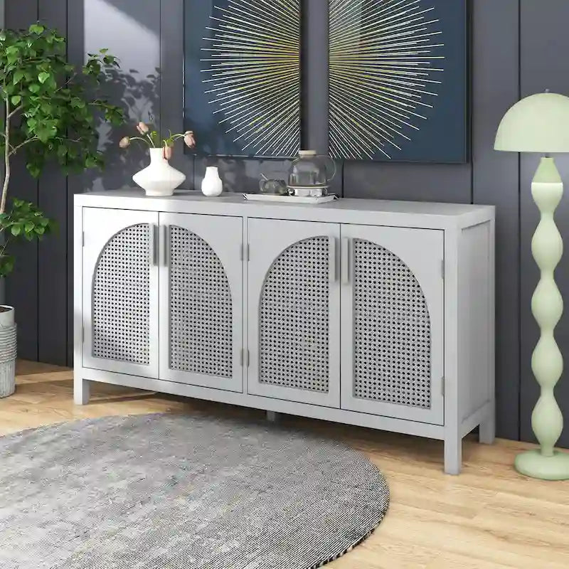 Sideboard mit Tür aus künstlichem Rattan und Metallgriffen für Wohnzimmer und Eingangsbereich