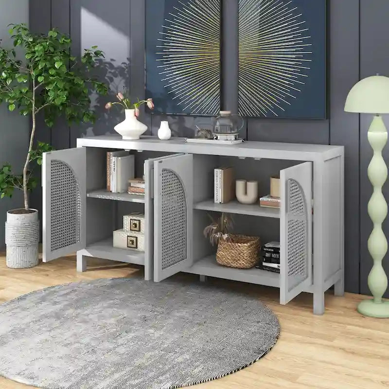 Sideboard mit Tür aus künstlichem Rattan und Metallgriffen für Wohnzimmer und Eingangsbereich