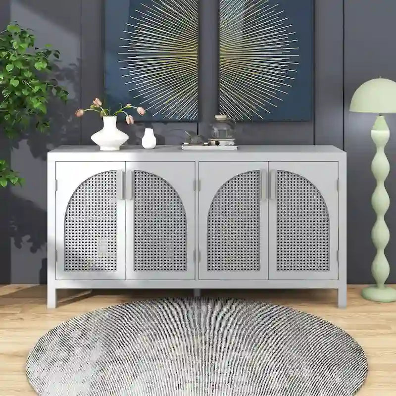 Sideboard mit Tür aus künstlichem Rattan und Metallgriffen für Wohnzimmer und Eingangsbereich