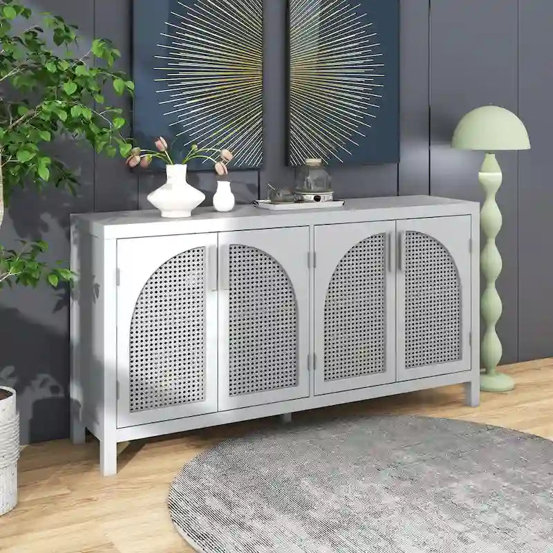 Credenza con anta in rattan artificiale e maniglie in metallo per soggiorno e ingresso