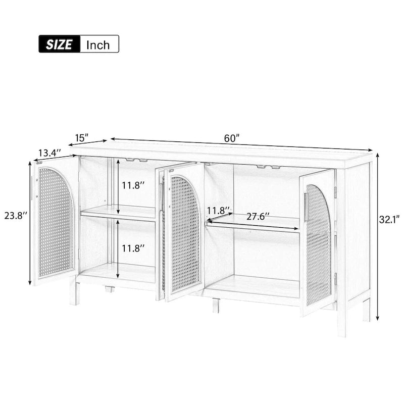 Credenza con anta in rattan artificiale e maniglie in metallo per soggiorno e ingresso