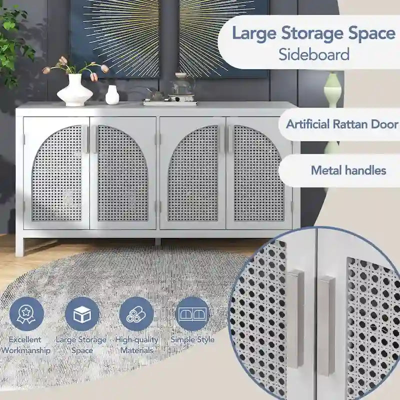 Credenza con anta in rattan artificiale e maniglie in metallo per soggiorno e ingresso