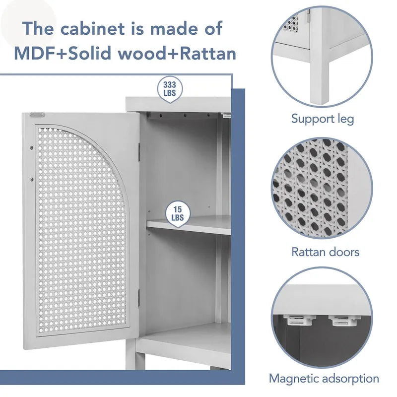 Credenza con anta in rattan artificiale e maniglie in metallo per soggiorno e ingresso