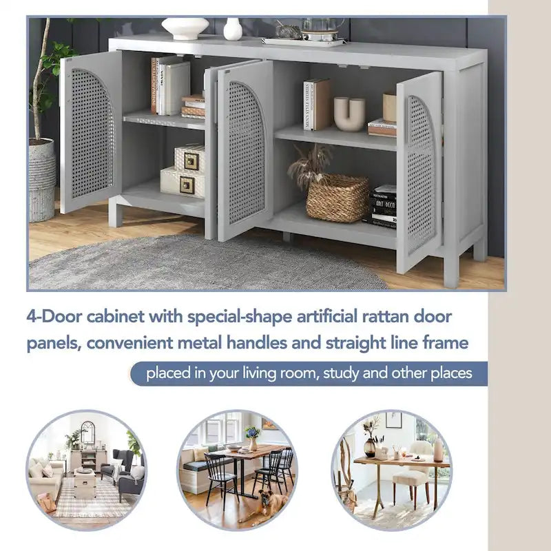 Credenza con anta in rattan artificiale e maniglie in metallo per soggiorno e ingresso