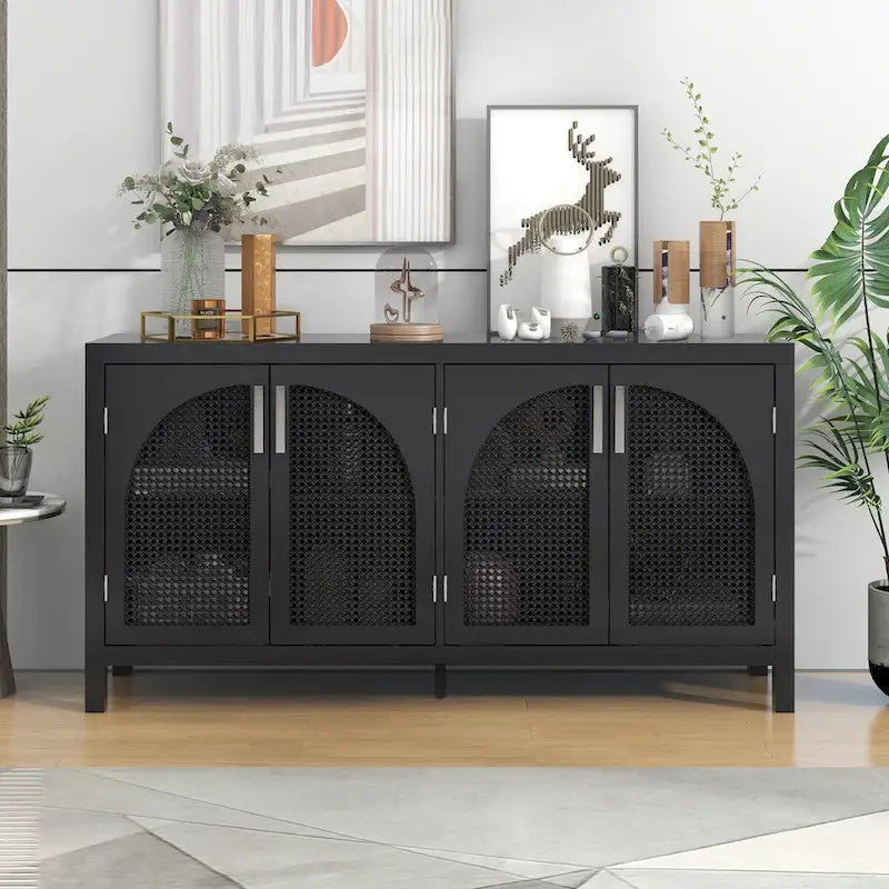 Credenza con anta in rattan artificiale e maniglie in metallo per soggiorno e ingresso