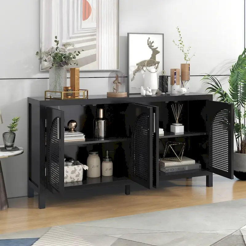 Credenza con anta in rattan artificiale e maniglie in metallo per soggiorno e ingresso
