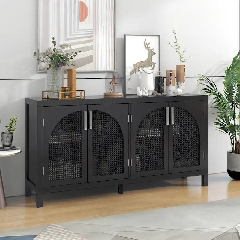 Credenza con anta in rattan artificiale e maniglie in metallo per soggiorno e ingresso