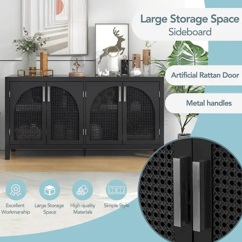 Credenza con anta in rattan artificiale e maniglie in metallo per soggiorno e ingresso