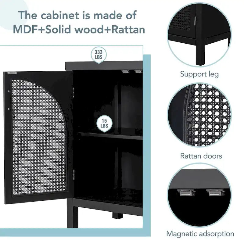 Credenza con anta in rattan artificiale e maniglie in metallo per soggiorno e ingresso