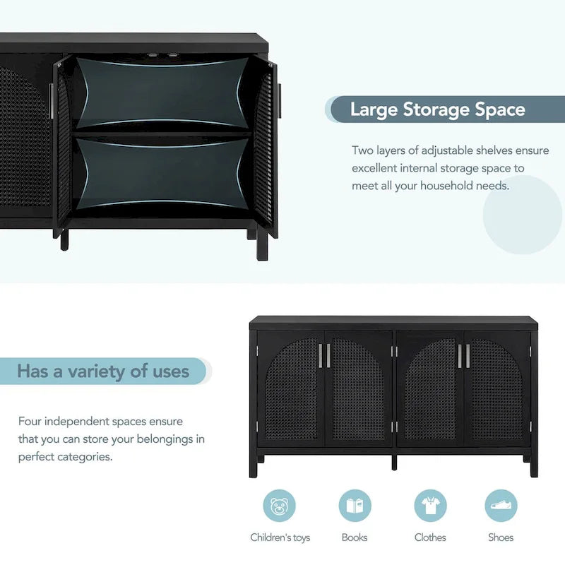 Credenza con anta in rattan artificiale e maniglie in metallo per soggiorno e ingresso