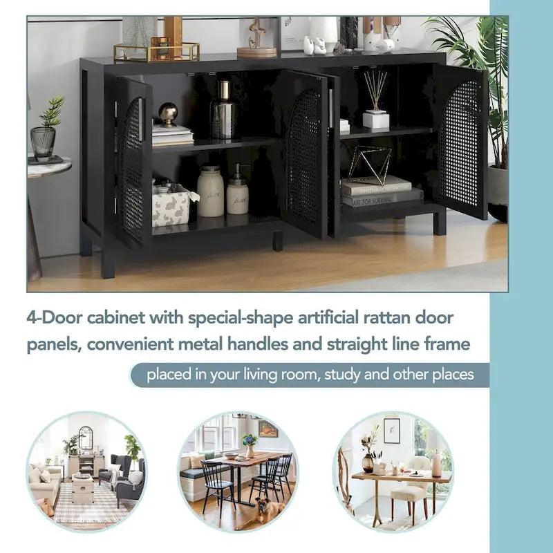 Credenza con anta in rattan artificiale e maniglie in metallo per soggiorno e ingresso