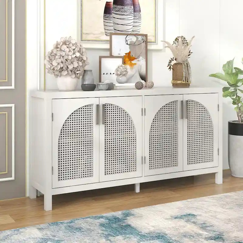 Credenza con anta in rattan artificiale e maniglie in metallo per soggiorno e ingresso