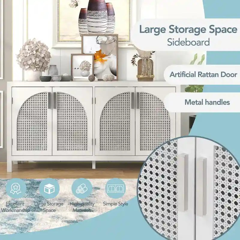 Credenza con anta in rattan artificiale e maniglie in metallo per soggiorno e ingresso