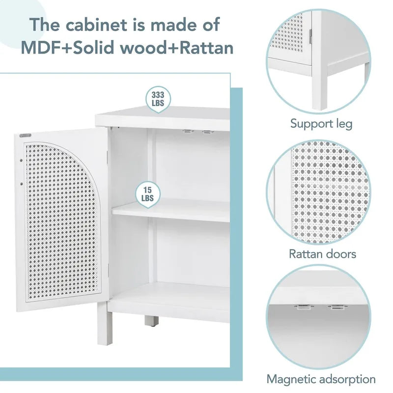 Credenza con anta in rattan artificiale e maniglie in metallo per soggiorno e ingresso