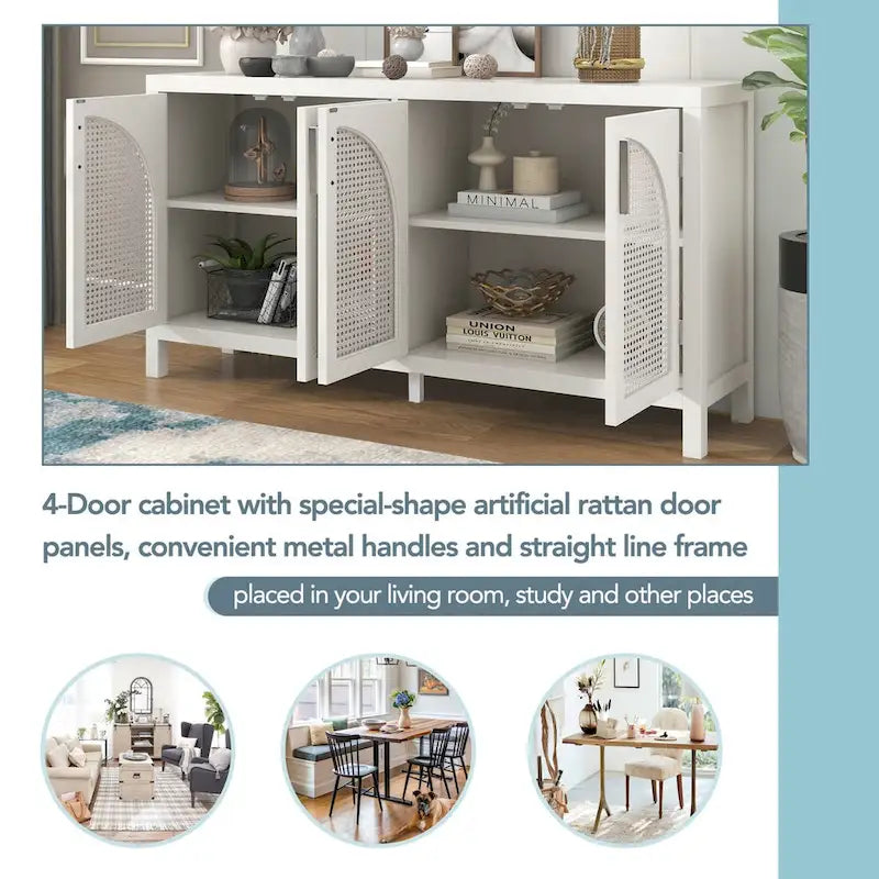 Credenza con anta in rattan artificiale e maniglie in metallo per soggiorno e ingresso
