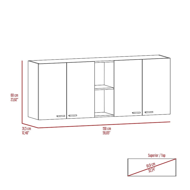 Weißer Wandschrank mit Doppeltüren und 4 Regalböden - 59.1B x 12.4T x 12.4H