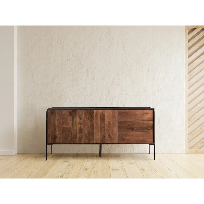 Sideboard aus massivem Mangoholz mit 3 Schubladen und 2 Schrankfächern - 66W x 18D x 32.5H