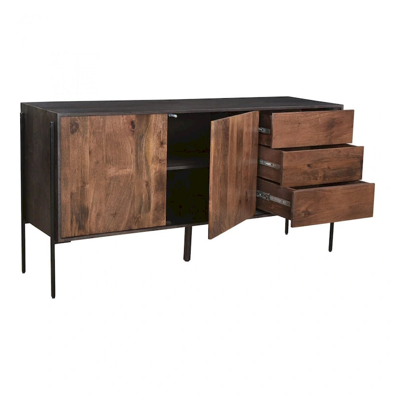 Sideboard aus massivem Mangoholz mit 3 Schubladen und 2 Schrankfächern - 66W x 18D x 32.5H