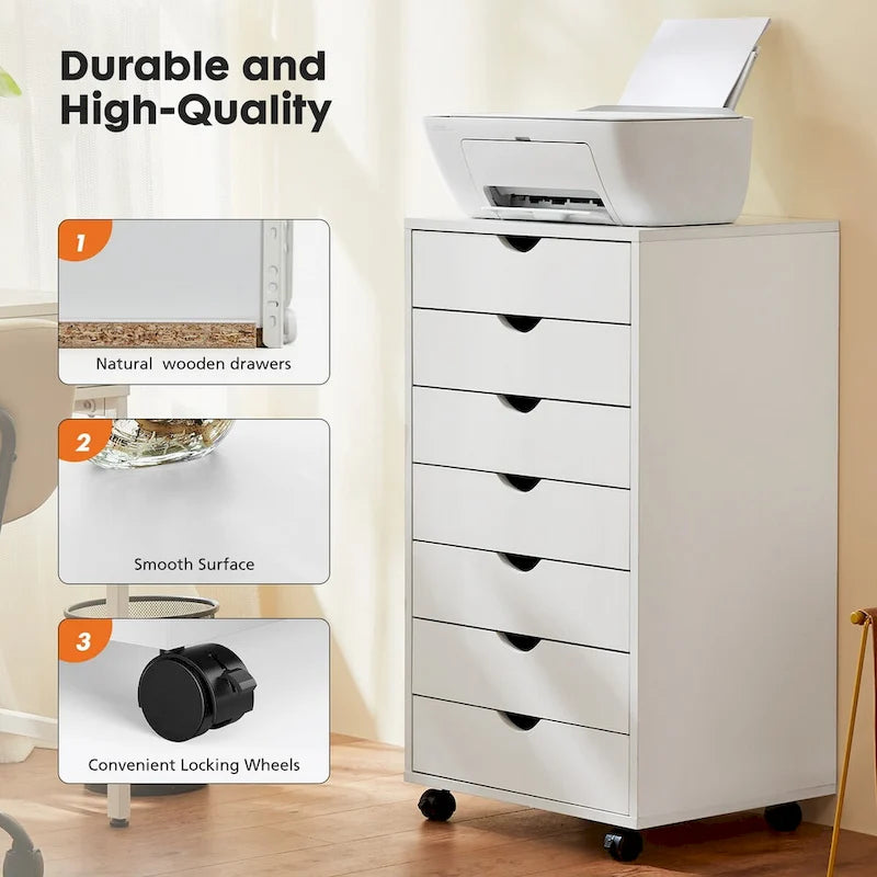 Cassettiera contenitore in legno con 7 cassetti e ruote - nera o bianca, organizzatore mobile per ufficio