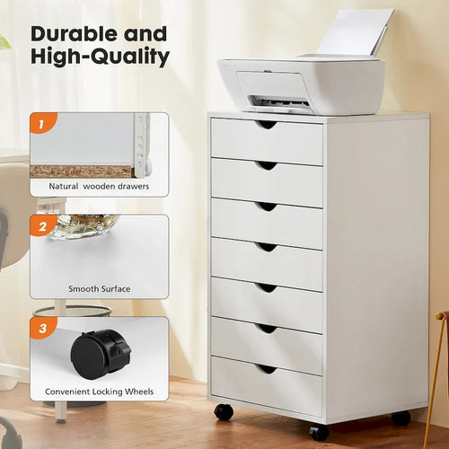 7-Drawer Rolling Wood Dresser Cabinet with Wheels - Black or White, Mobile Office Organizer