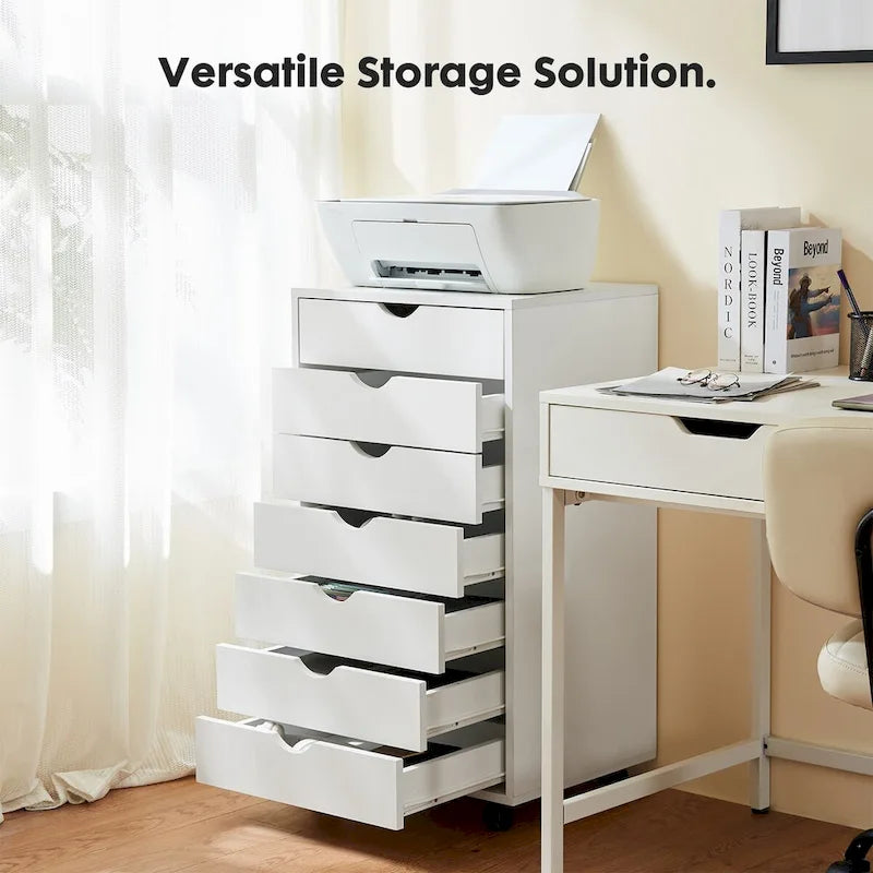 Cassettiera contenitore in legno con 7 cassetti e ruote - nera o bianca, organizzatore mobile per ufficio