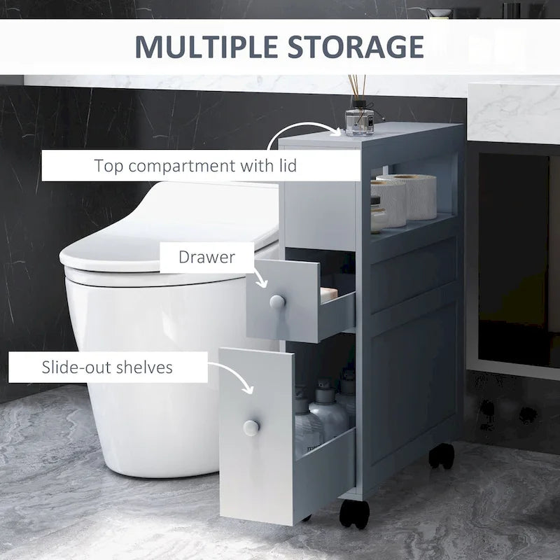 Gray Narrow Bathroom Slide-Out Storage Cabinet with Drawers - 6.75W x 19D x 22.75H