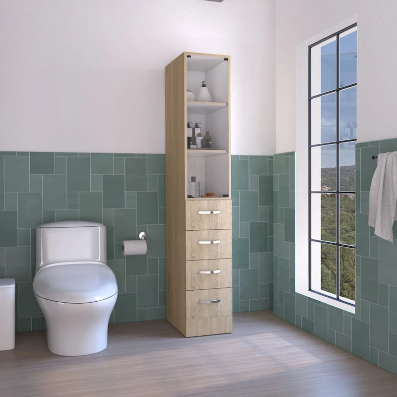 Modern Linen Cabinet for Bathroom, Three Shelves,Four Drawers -Light Pine/White