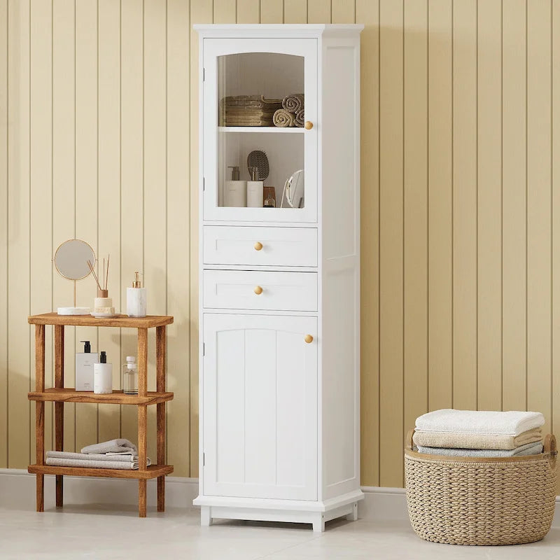 Tall Free-Standing Bathroom Storage Cabinet with Glass Doors and Two Drawers