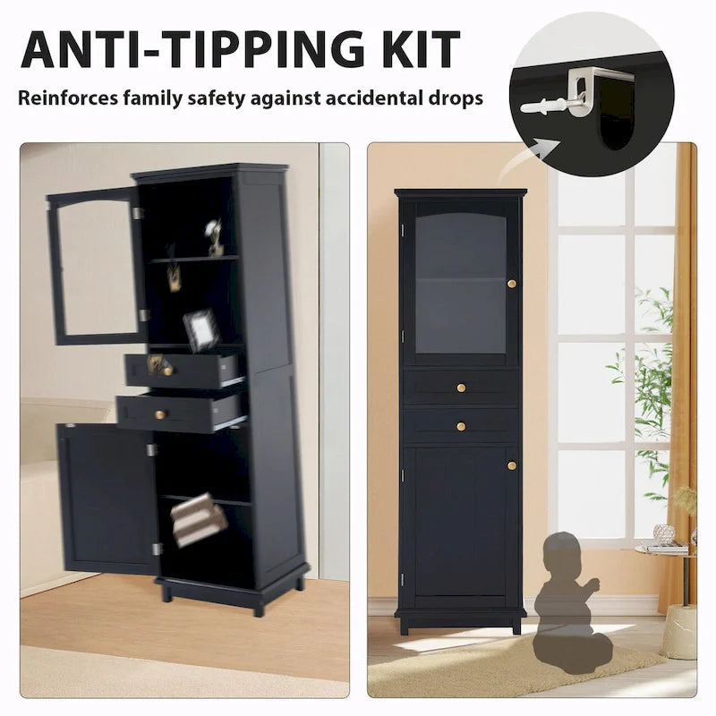Tall Free-Standing Bathroom Storage Cabinet with Glass Doors and Two Drawers